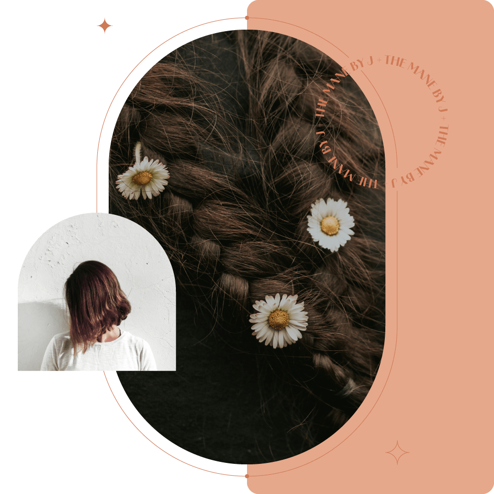 Collage of hair images, with decorative elements. Image one is braided hair with flowers. Second image is a person turning her head to the left hand side, with no visible face