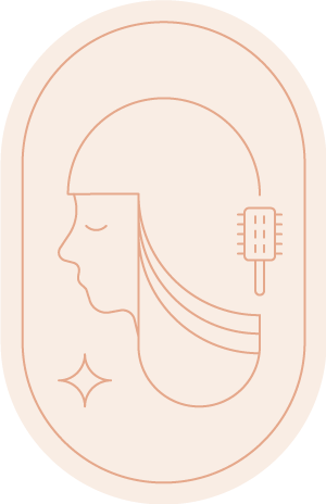 icon_03_styling Icon with a profile of a woman's face, on the right side a hair brush symbol symbolizing hair styling